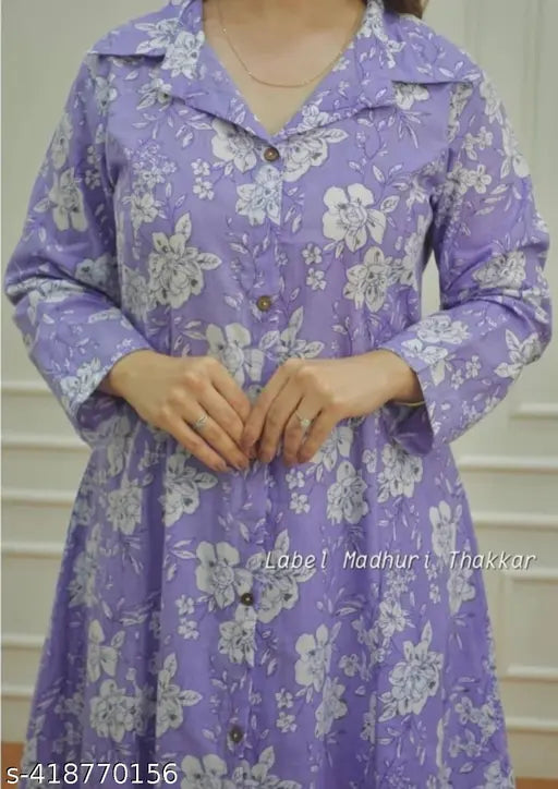 Purple floral print rayon kurta set with palazzos, featuring button detailing and A-line silhouette, ideal for any occasion