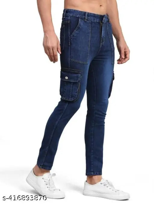Blue denim 6-pocket jeans for men, dyed/washed, size 28 (waist 28in, length 39in, hip 34in), made in India