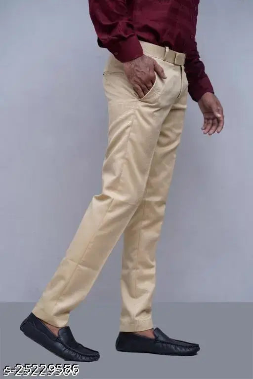 Men's polycotton formal trousers with slim fit and mid-rise waist, suitable for western wear events and workplaces. Made from TRYCOM fabric, easy wash, and zipper fly. Leg opening: 14 cm, length: 41 cm. Sizes available: 28, 30 (Waist Size: 30 in, Length Size: 36 in), 34 (Waist Size: 34 in, Length Size: 38 in), 36 (Waist Size: 36 in, Length Size: 39 in). Origin: India