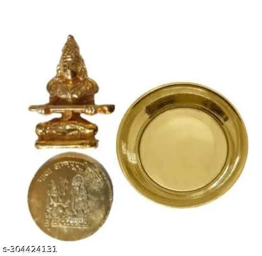 Brass Annapurna Devi idol, Indian Yantra figure of the food goddess, gold-plated brass statue with free coin