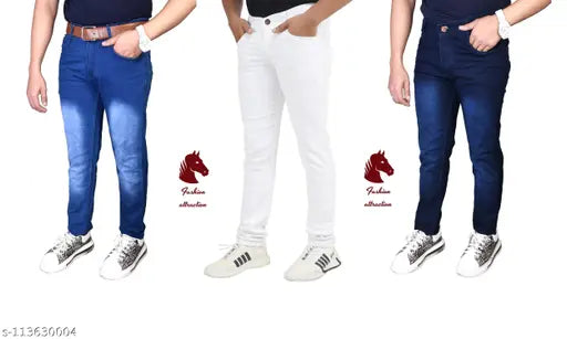 Men's solid denim jeans pack of 3, sizes 28, 30, and 32 for durable fashion