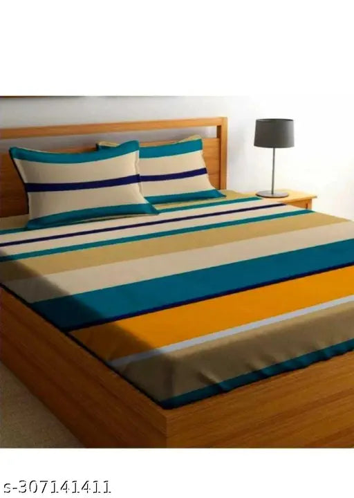 Multicolor striped glace cotton four side elastic fitted bedsheets with 2 pillow covers, ideal for summer, fits up to 8" thick mattresses