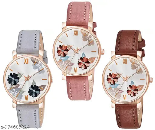 Floral grey-brown leather watch for women & girls, unique analog design
