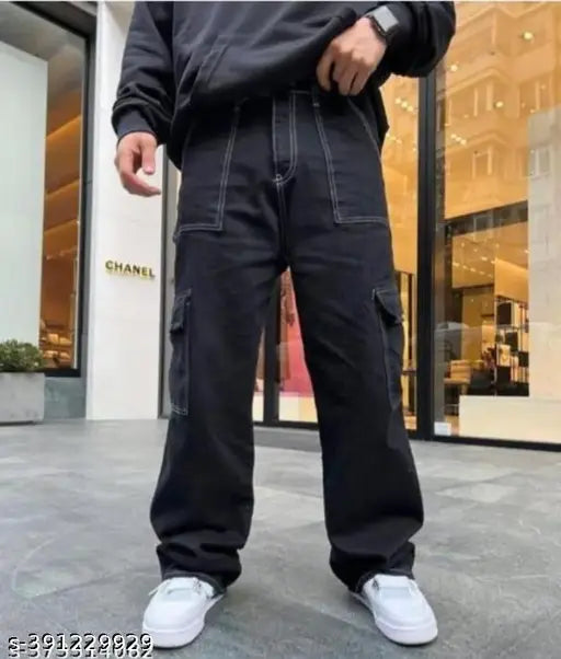 Black cotton baggy jeans for boys, mid-rise with button waist closure, available in sizes 28, 30, and 32. Made in India