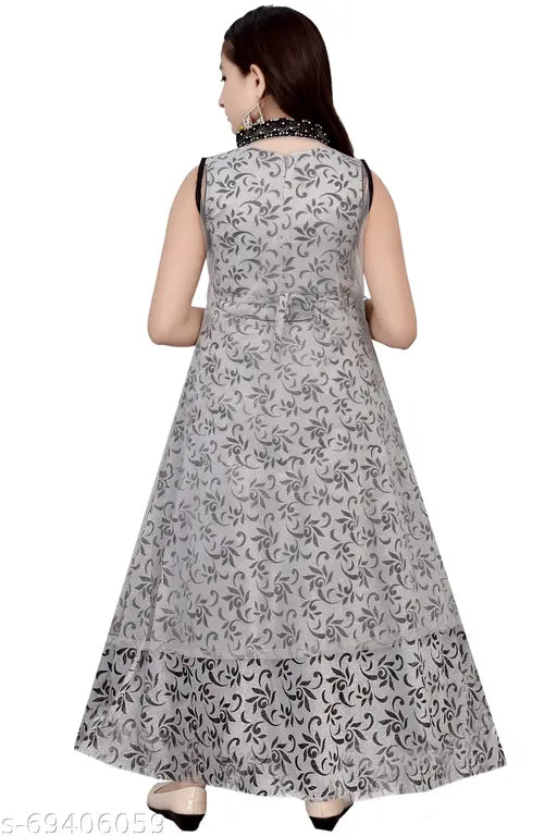 Grey silk ethnic girls gown, printed net design, sleeveless daily wear for parties and occasions