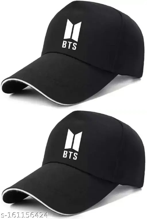 Black cotton BTS baseball cap with embroidered logo, unisex design from Korean Trends