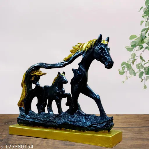 Antique blue and gold finish resin horse figurine for home or office decor, handmade by Indian artisans