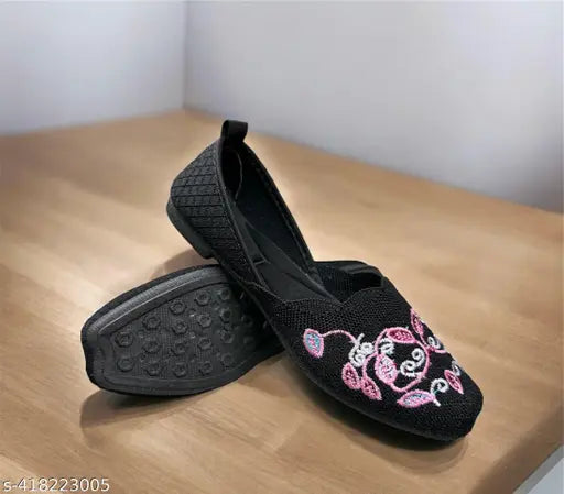 Black canvas embroidered work juttis by Janvi-1, closed-back flatforms for women in sizes IND-5 to IND-8. Made in India
