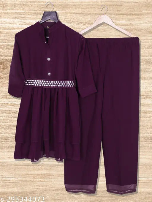 Georgette Kurta set with palazzos and belt, trendy solid-colored Indian fashion for women