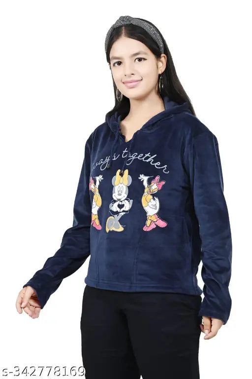 Navy blue wool sweatshirt with printed net design for girls aged 7-13 years, made in India