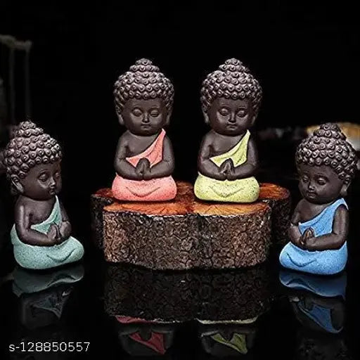 Earthenware handcrafted meditation buddha statue figurine, set of 4 polymarble Buddha statues with various poses, sitting on a wooden base