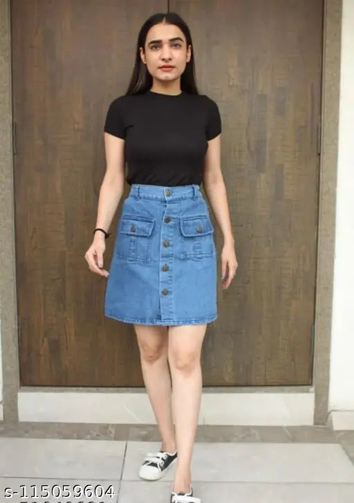 Modern women's western skirt, dark blue denim, hem length above knee