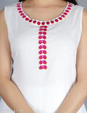 White cotton round neck kurta with floral embroidery