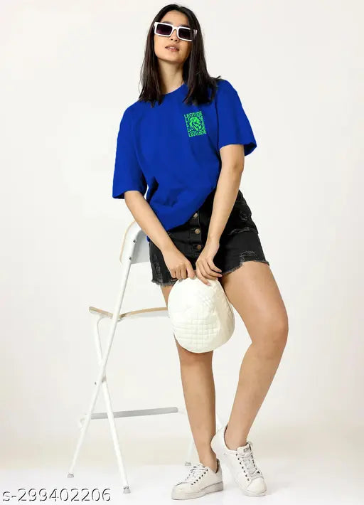Trendy blue cotton blend half-sleeve t-shirt for women, plus size available