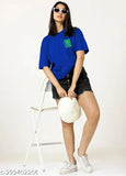 Trendy blue cotton blend half-sleeve t-shirt for women, plus size available