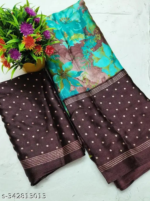 Trendy new moss flower printed chiffon saree with matching chiffon running blouse, Indian fashion accessory on mannequin