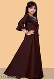 Maroon silk ethnic gown for baby girls, solid pattern, three-quarter sleeves. Pack of 1, size 7-8 years or 8-9 years. Indian handloom kids' party wear