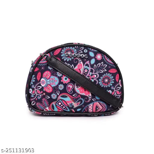 Purple patterned flap over sling bag