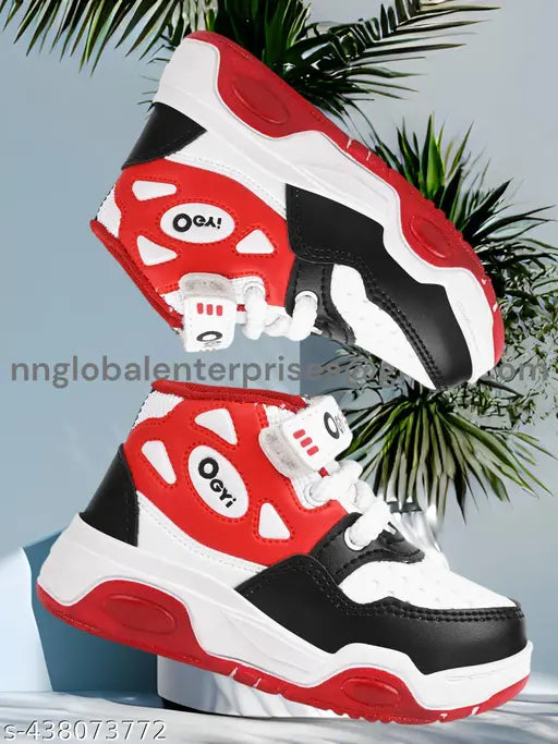 Red and white sneakers with black laces, white soles