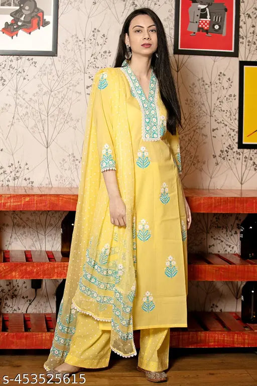 Shri Ram Women's cotton blend straight printed kurta set with palazzos, three-quarter sleeves and dupatta - Indian ethnic wear for women (S-XXL)