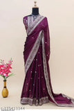 Purple georgette sari with embroidered border and pallu, long length, no blouse