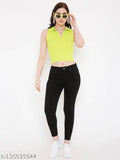 Lime punch polyester women's tank top - sleeveless, mid waist crop length, solid pattern by BLANCD (India)