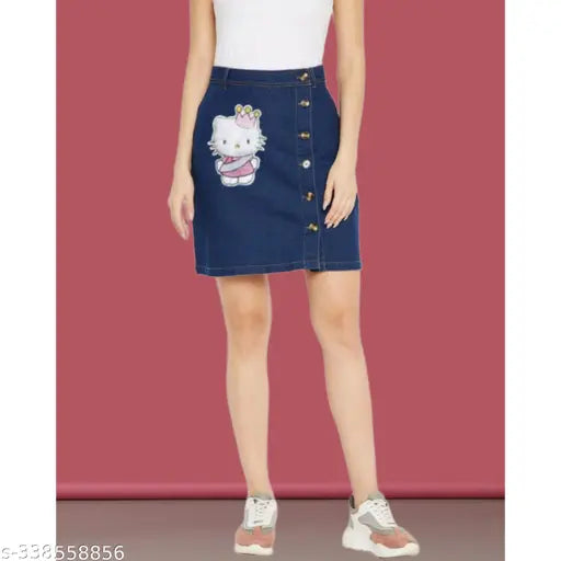 Trendy blue denim skirt with Hello Kitty design and button closure