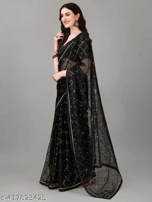 Embroidered net saree & Bangalore silk blouse - intricate Indian embroidery on free-size outfit