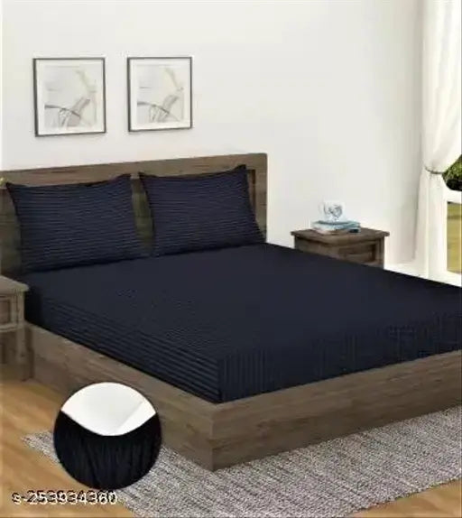 Cotton elastic striped double bedsheets with 2 pillow covers, 180 TC supersoft for 78x72+10 mattress on display