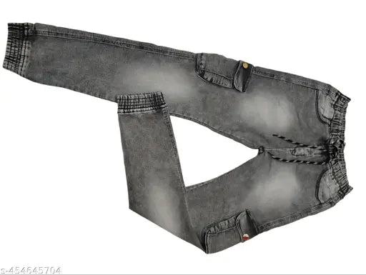Stretchable denim joggers with six pockets, available in men's and women's sizes