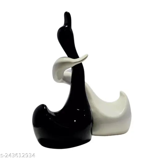 Black and white ceramic hugging swan statues for home decor, modern romantic love swans set (11 cm L x 24 cm H x 8 cm B)