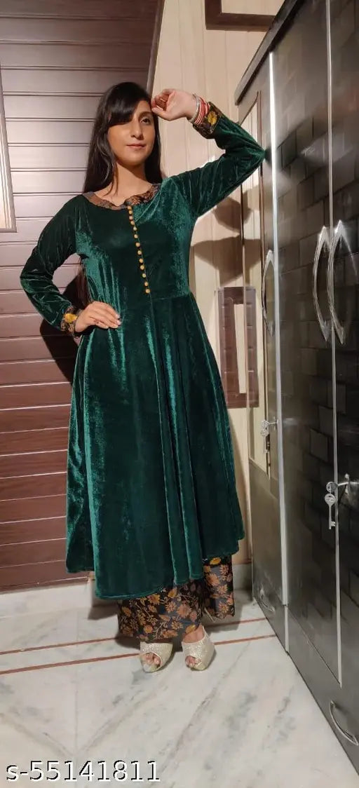 Green velvet flared winter kurta with cotton silk palazzo, elegant women's solid-colored outfit from India