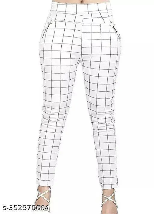 White lycra jeggings with pockets, checked pattern, for working women elevating workwear style and functionality