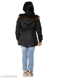 A young girl walking in a black jacket with a hood, dark lining, and white detailing