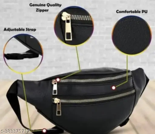 Black genuine leather waist/shoulder bag, ideal for outdoors and travel. Unisex design with 2 zipped compartments for organization