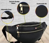 Black genuine leather waist/shoulder bag, ideal for outdoors and travel. Unisex design with 2 zipped compartments for organization