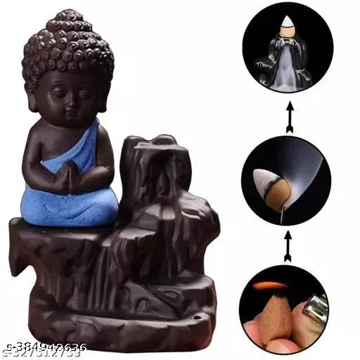 Resin Buddha backflow smoke fountain with 101 cone incense, plastic, made in India for spiritual occasions