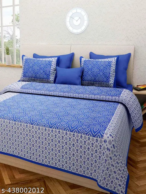 Pure cotton printed Jaipur double bedsheet, superfine ethnic motifs, 2 pillow covers (90x100 inches), ideal for summer use