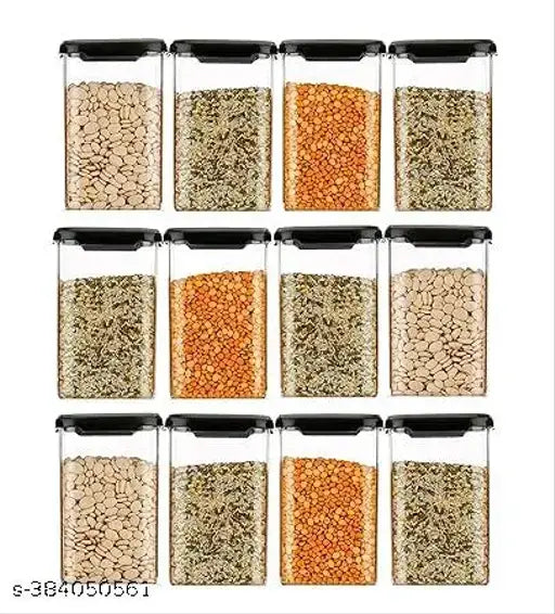 A set of twelve transparent air tight square plastic grocery containers, black