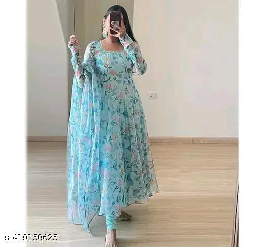 Trendy Georgette women's dress with digital flower printed duppata, three-quarter sleeves, India origin