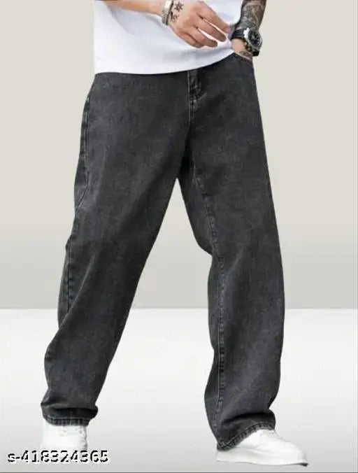Grey denim men's baggy jeans, solid pattern, size 28 (waist 28in, length 40in, hip 30in), made in India