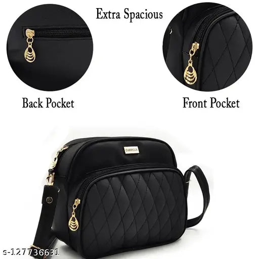 Black sling bag with adjustable strap, zip closure and front pocket