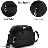 Black sling bag with adjustable strap, zip closure and front pocket