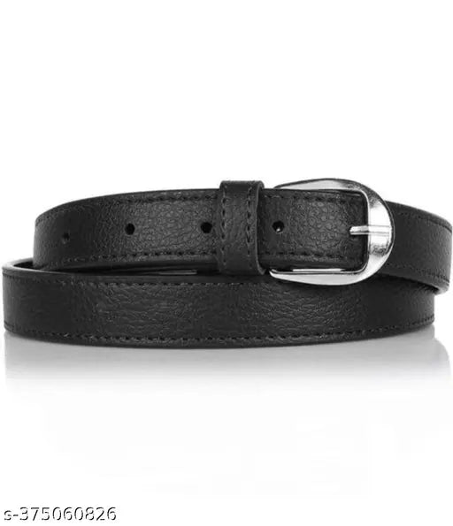 Handmade trendy PU leather black belt for women, solid pattern, suitable for casual or formal occasions. Available sizes: 26", 28", 30", 32", 34", 36", 38", and 40". Made in India