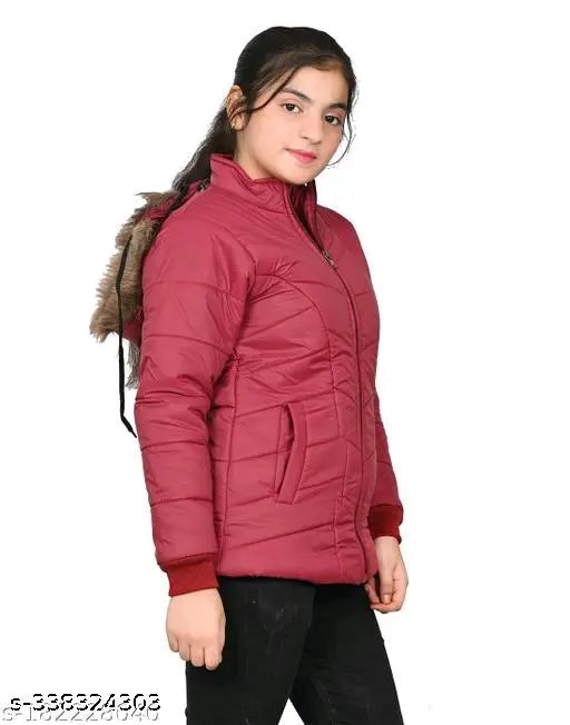 Maroon children's winter coat with fur trim and hood