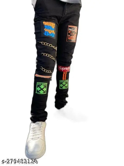 Men's premium denim jeans under 500, classic fit with placement print. Available in sizes 26, 28, and 30 (waist 26in/39in, 28in/39in, 30in/39in). Made in India