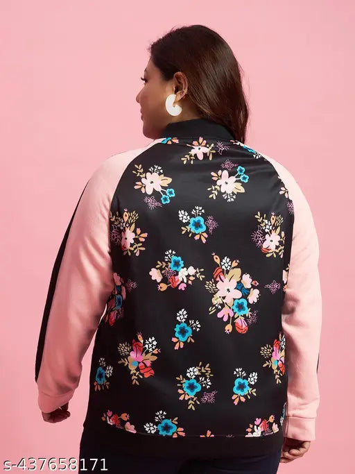 Fleece, printed colorblock sweatshirt for women with black Chinese collar, size XXXL (bust 46in, length 27in, waist 44in, hip 48in, shoulder 17in)