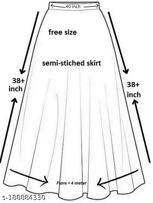 A short gold skirt with semi-stitched front and 8+ inch length, flared at bottom