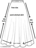 A short gold skirt with semi-stitched front and 8+ inch length, flared at bottom