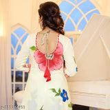 Rich cream Georgette gown with dupatta, printed combo on long-sleeved Indian women's formal wear, S-L sizes available